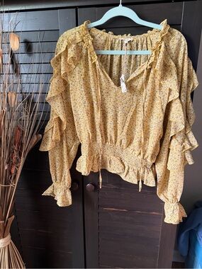 easel Mustard Floral Ruffle Peasant Blouse